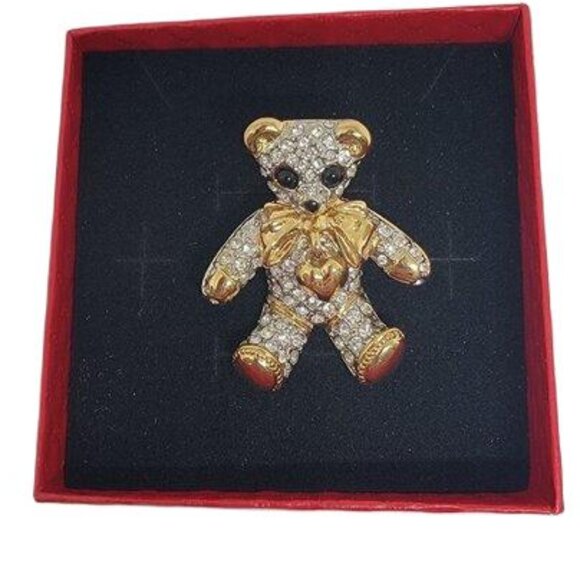 Vintage Teddy Bear Brooch Rhinestone Gold Tone Dangle Heart Bow Fashion Jewelry - Picture 3 of 7